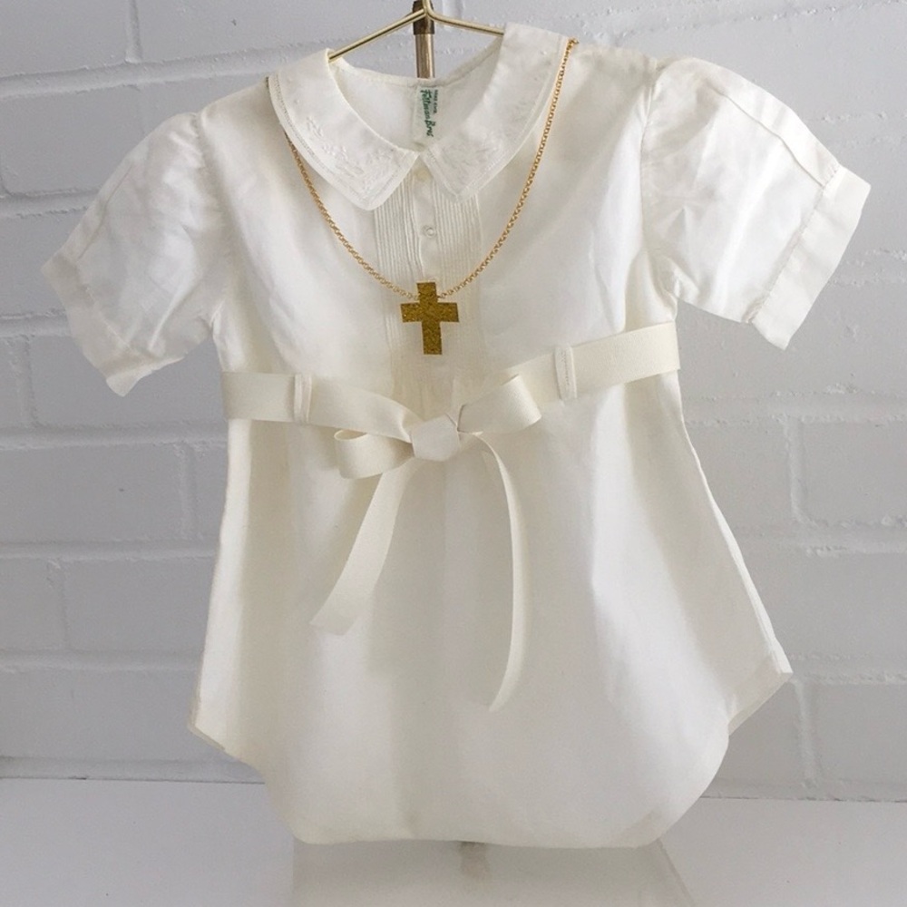 Feltman Bros. Baby Boy Cream Vintage Short Sleeve Christening Baptism Romper 9M